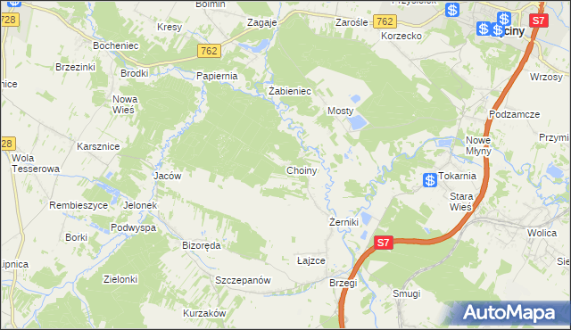 mapa Choiny gmina Sobków, Choiny gmina Sobków na mapie Targeo