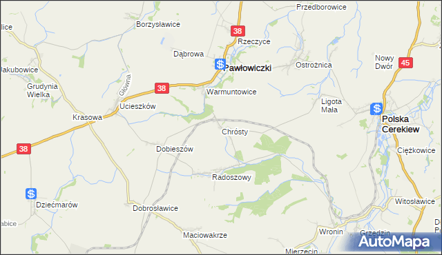 mapa Chrósty gmina Pawłowiczki, Chrósty gmina Pawłowiczki na mapie Targeo