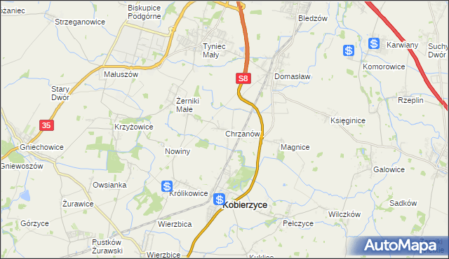 mapa Chrzanów gmina Kobierzyce, Chrzanów gmina Kobierzyce na mapie Targeo