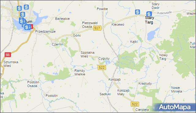 mapa Cygusy, Cygusy na mapie Targeo