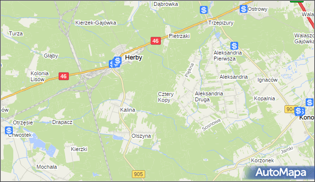 mapa Cztery Kopy gmina Herby, Cztery Kopy gmina Herby na mapie Targeo