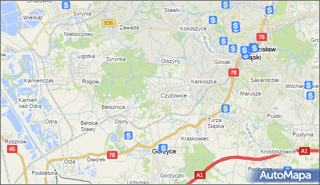 mapa Czyżowice gmina Gorzyce, Czyżowice gmina Gorzyce na mapie Targeo