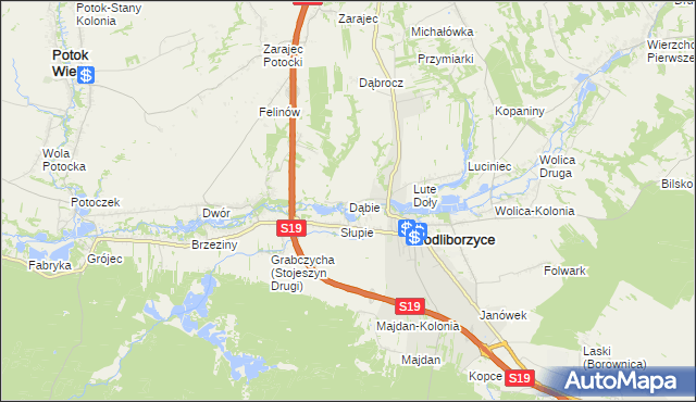 mapa Dąbie gmina Modliborzyce, Dąbie gmina Modliborzyce na mapie Targeo