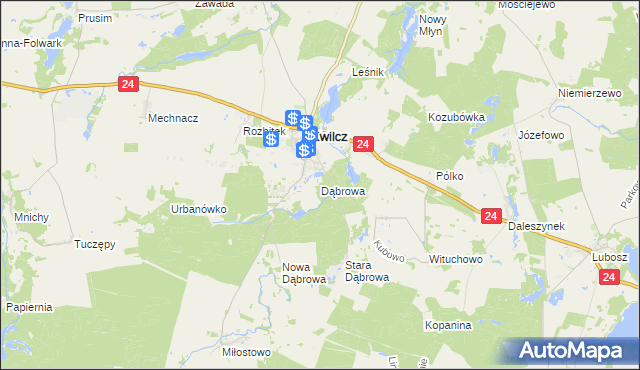 mapa Dąbrowa gmina Kwilcz, Dąbrowa gmina Kwilcz na mapie Targeo