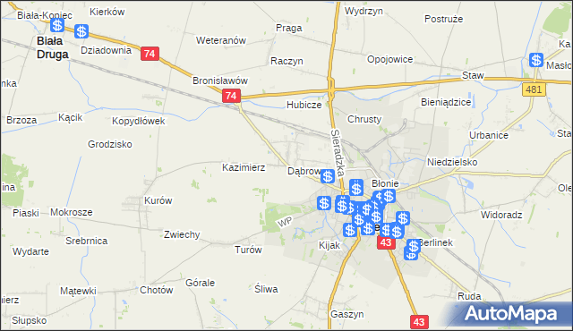 mapa Dąbrowa gmina Wieluń, Dąbrowa gmina Wieluń na mapie Targeo