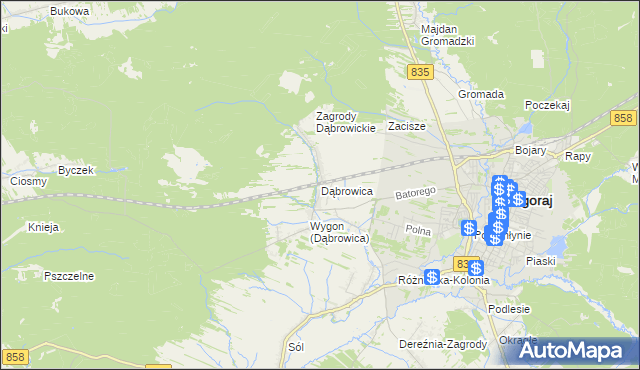 mapa Dąbrowica gmina Biłgoraj, Dąbrowica gmina Biłgoraj na mapie Targeo