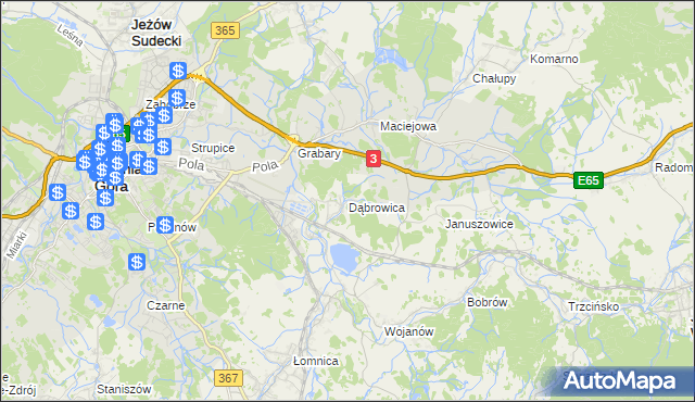 mapa Dąbrowica gmina Mysłakowice, Dąbrowica gmina Mysłakowice na mapie Targeo