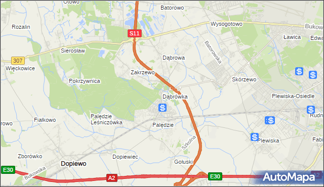 mapa Dąbrówka gmina Dopiewo, Dąbrówka gmina Dopiewo na mapie Targeo