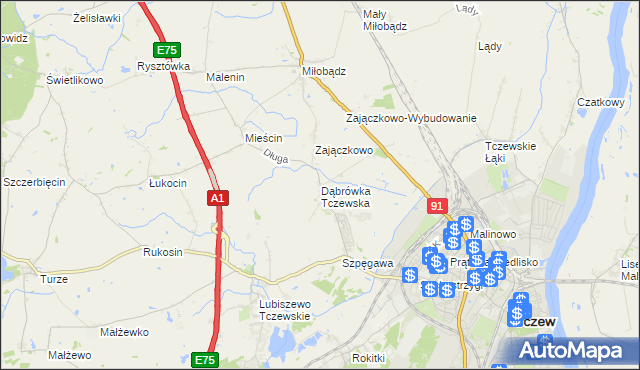 mapa Dąbrówka Tczewska, Dąbrówka Tczewska na mapie Targeo