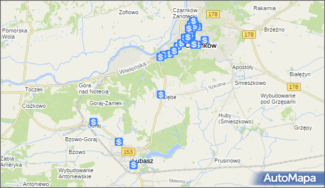 mapa Dębe gmina Lubasz, Dębe gmina Lubasz na mapie Targeo