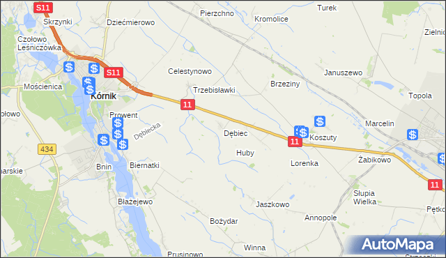 mapa Dębiec gmina Kórnik, Dębiec gmina Kórnik na mapie Targeo
