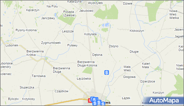 mapa Dębina gmina Kłodawa, Dębina gmina Kłodawa na mapie Targeo