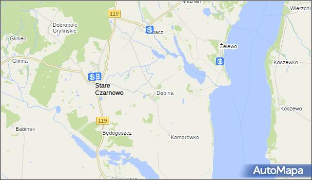 mapa Dębina gmina Stare Czarnowo, Dębina gmina Stare Czarnowo na mapie Targeo