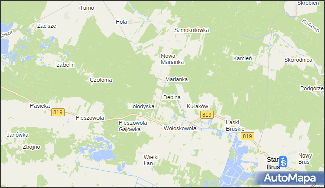 mapa Dębina gmina Stary Brus, Dębina gmina Stary Brus na mapie Targeo