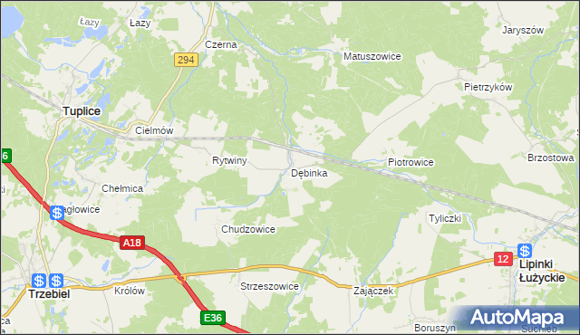 mapa Dębinka gmina Trzebiel, Dębinka gmina Trzebiel na mapie Targeo