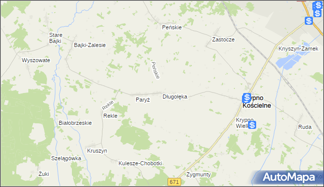 mapa Długołęka gmina Krypno, Długołęka gmina Krypno na mapie Targeo