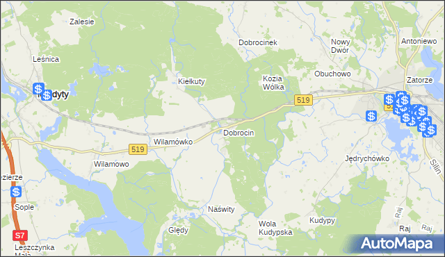 mapa Dobrocin gmina Małdyty, Dobrocin gmina Małdyty na mapie Targeo