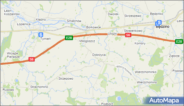 mapa Dobrzyca gmina Będzino, Dobrzyca gmina Będzino na mapie Targeo