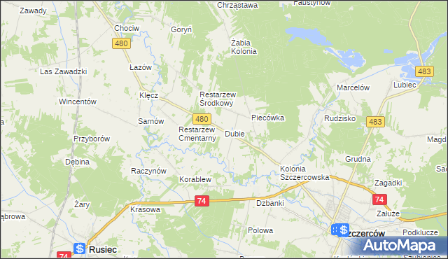 mapa Dubie gmina Szczerców, Dubie gmina Szczerców na mapie Targeo