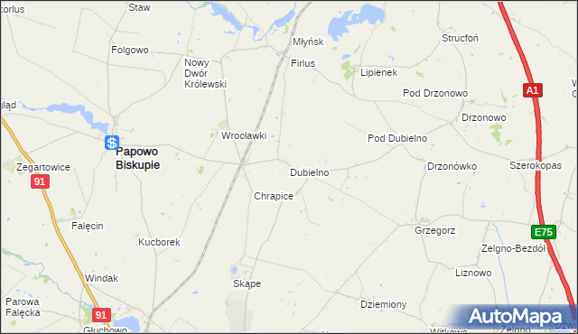 mapa Dubielno gmina Papowo Biskupie, Dubielno gmina Papowo Biskupie na mapie Targeo