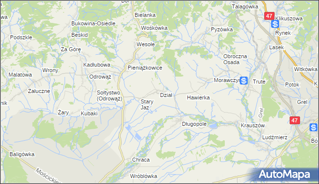 mapa Dział gmina Czarny Dunajec, Dział gmina Czarny Dunajec na mapie Targeo