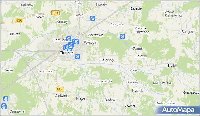 mapa Dzięcioły gmina Tłuszcz, Dzięcioły gmina Tłuszcz na mapie Targeo