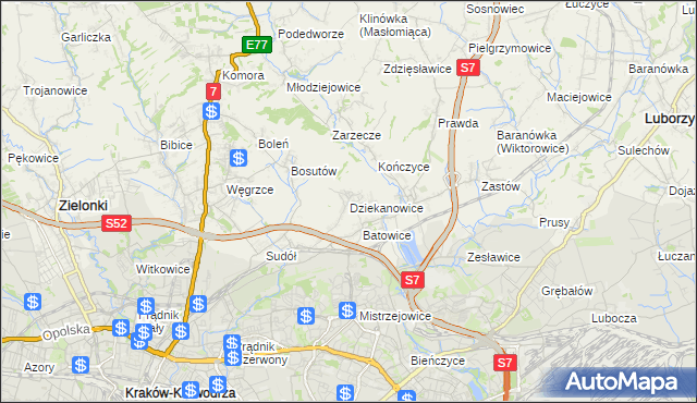 mapa Dziekanowice gmina Zielonki, Dziekanowice gmina Zielonki na mapie Targeo