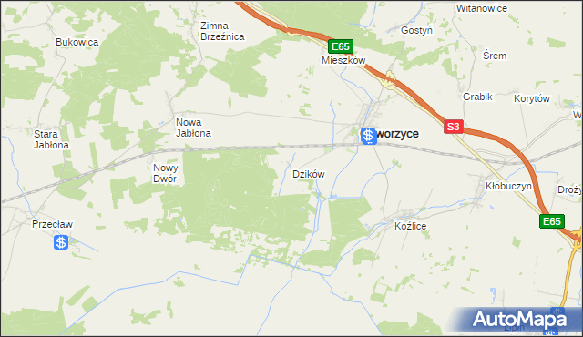 mapa Dzików gmina Gaworzyce, Dzików gmina Gaworzyce na mapie Targeo