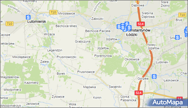 mapa Florentynów gmina Lutomiersk, Florentynów gmina Lutomiersk na mapie Targeo