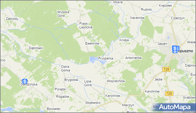 mapa Fryszerka gmina Łopuszno, Fryszerka gmina Łopuszno na mapie Targeo