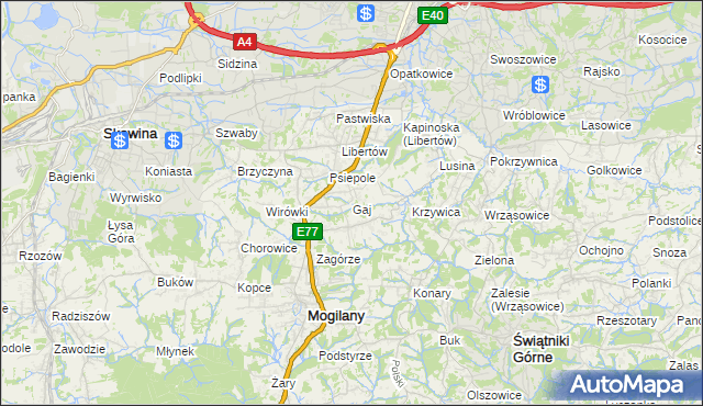 mapa Gaj gmina Mogilany, Gaj gmina Mogilany na mapie Targeo