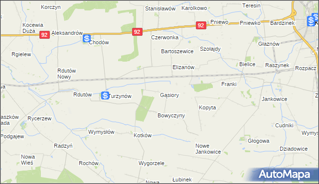 mapa Gąsiory gmina Chodów, Gąsiory gmina Chodów na mapie Targeo