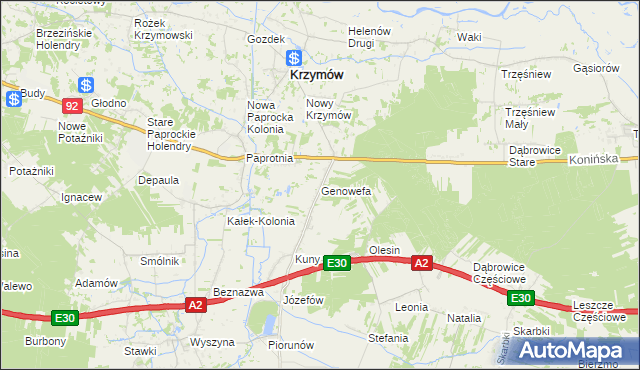 mapa Genowefa gmina Krzymów, Genowefa gmina Krzymów na mapie Targeo