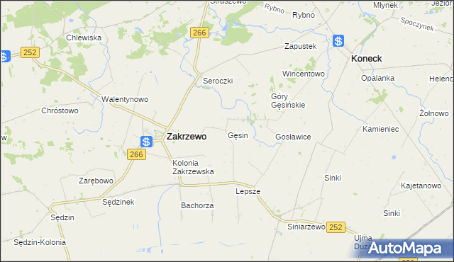 mapa Gęsin gmina Zakrzewo, Gęsin gmina Zakrzewo na mapie Targeo