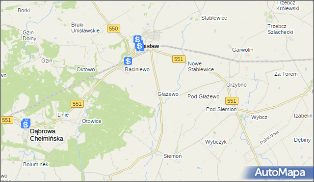 mapa Głażewo gmina Unisław, Głażewo gmina Unisław na mapie Targeo