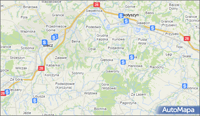 mapa Głęboka gmina Biecz, Głęboka gmina Biecz na mapie Targeo