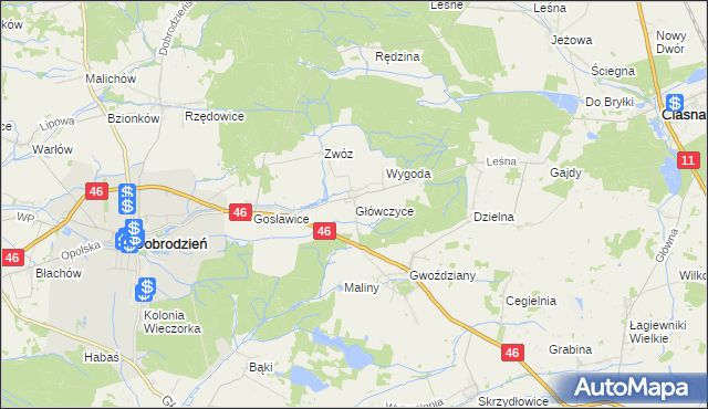 mapa Główczyce gmina Dobrodzień, Główczyce gmina Dobrodzień na mapie Targeo