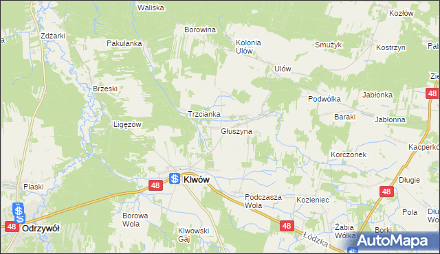 mapa Głuszyna gmina Klwów, Głuszyna gmina Klwów na mapie Targeo