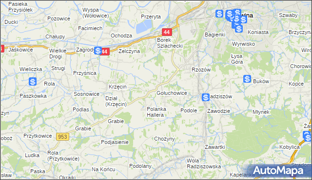 mapa Gołuchowice gmina Skawina, Gołuchowice gmina Skawina na mapie Targeo