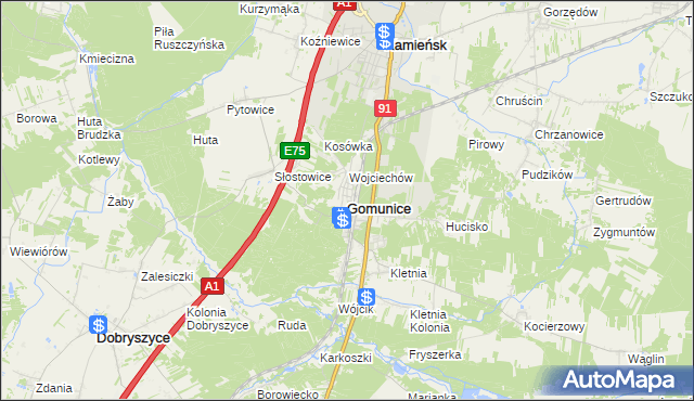 mapa Gomunice, Gomunice na mapie Targeo