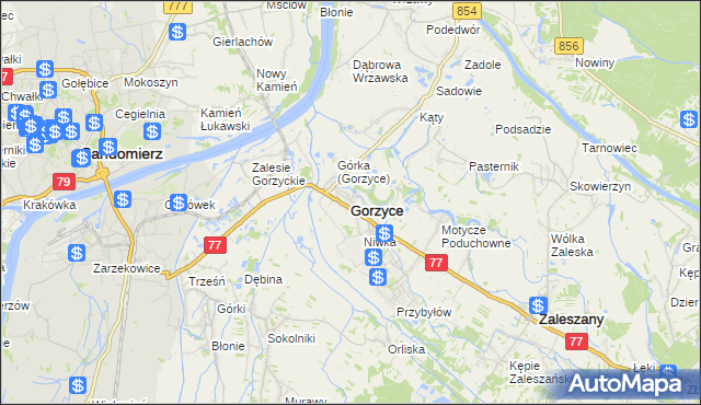 mapa Gorzyce powiat tarnobrzeski, Gorzyce powiat tarnobrzeski na mapie Targeo