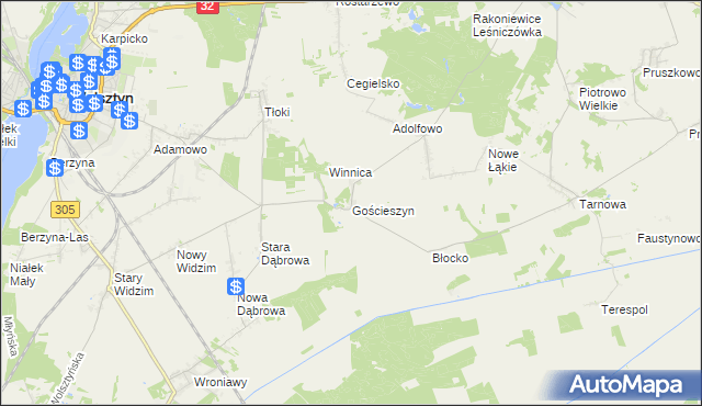 mapa Gościeszyn gmina Wolsztyn, Gościeszyn gmina Wolsztyn na mapie Targeo