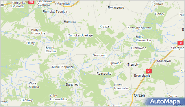 mapa Gostomin gmina Ojrzeń, Gostomin gmina Ojrzeń na mapie Targeo