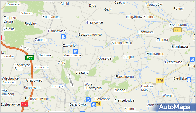mapa Goszyce gmina Kocmyrzów-Luborzyca, Goszyce gmina Kocmyrzów-Luborzyca na mapie Targeo