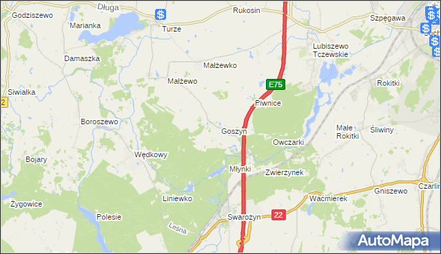 mapa Goszyn gmina Tczew, Goszyn gmina Tczew na mapie Targeo