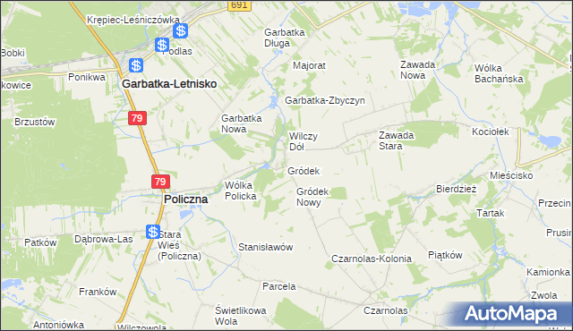mapa Gródek gmina Policzna, Gródek gmina Policzna na mapie Targeo
