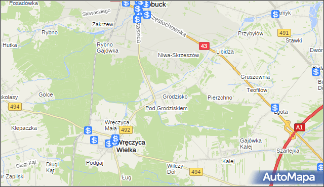 mapa Grodzisko gmina Wręczyca Wielka, Grodzisko gmina Wręczyca Wielka na mapie Targeo