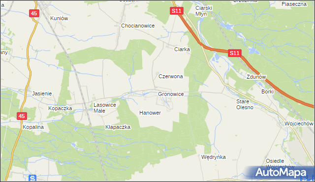 mapa Gronowice gmina Lasowice Wielkie, Gronowice gmina Lasowice Wielkie na mapie Targeo