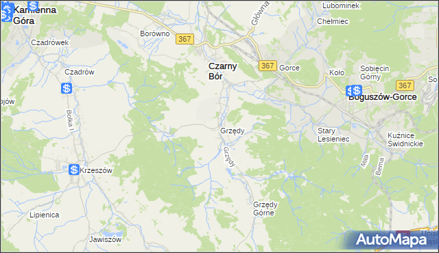 mapa Grzędy gmina Czarny Bór, Grzędy gmina Czarny Bór na mapie Targeo