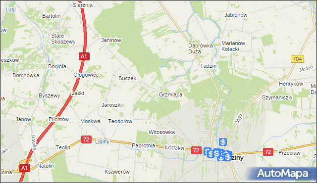 mapa Grzmiąca gmina Brzeziny, Grzmiąca gmina Brzeziny na mapie Targeo